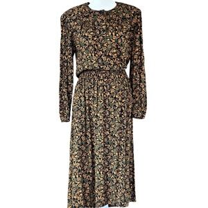 Vintage Virgo II Blouson Dress Womens L Black Orange Scroll Modest Smocked Waist